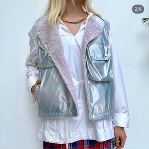 NWT Engineered Garments Faux Fur Silver Cover Vest Poly Reflective Taffeta Sz XS